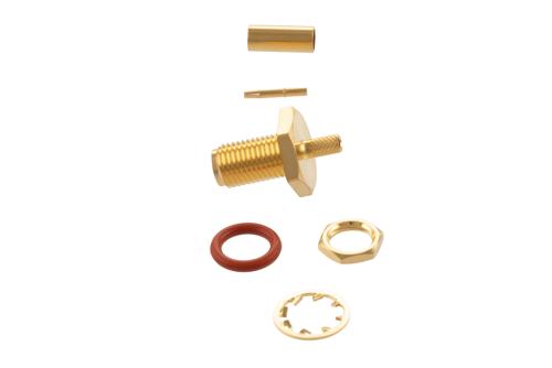 SMA メス バルクヘッドマウントコネクタ、圧着/はんだ接続、RG174、RG316、RG188、.100インチ、PE-B100、PE-C100、LMR-100、.235インチD穴