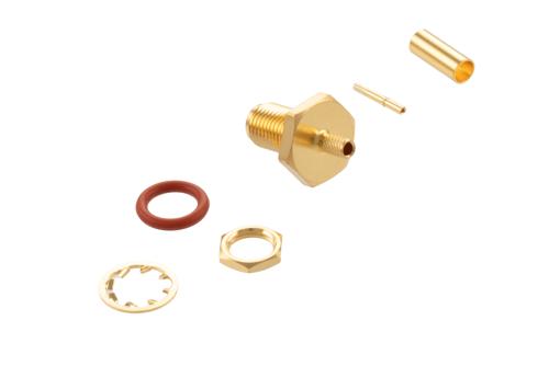 SMA メス バルクヘッドマウントコネクタ、圧着/はんだ接続、RG174、RG316、RG188、.100インチ、PE-B100、PE-C100、LMR-100、.235インチD穴