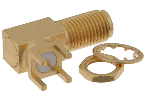 SMA メス 直角バルクヘッドマウントコネクタ、はんだ接続、スルーホールPCB、.200インチx.067インチ穴間隔