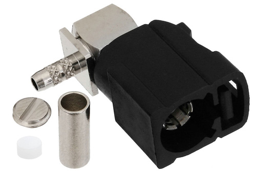 FAKRA ジャック 直角コネクタ、圧着/はんだ接続、RG174、RG316、RG188、.100インチ、PE-B100、PE-C100、LMR-100、黒色