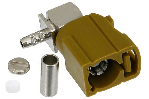 FAKRA ジャック 直角コネクタ、圧着/はんだ接続、RG174、RG316、RG188、.100インチ、PE-B100、PE-C100、LMR-100、カレー色