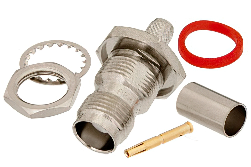 TNC メス バルクヘッドマウントコネクタ、圧着/はんだ接続、RG59、RG62、.480インチD穴