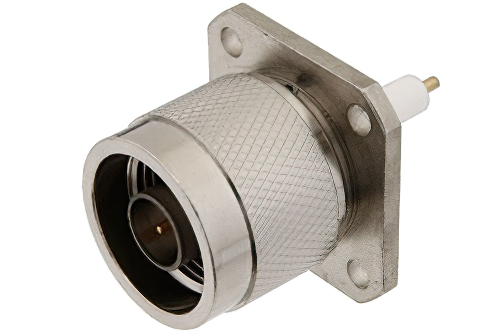 N オス コネクタ、はんだ接続、4ホールパネルマウント、ピンターミナル、.718インチ穴間隔、.050インチ直径