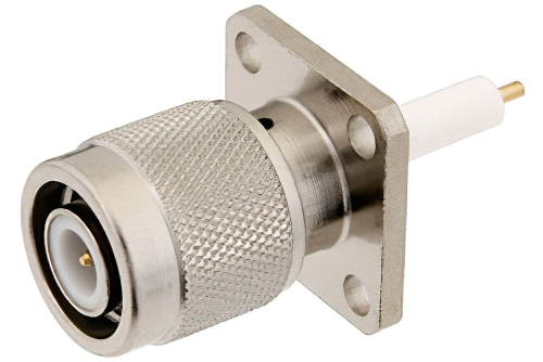 TNC オス コネクタ、はんだ接続、4ホールパネルマウント、ピンターミナル、.531インチ穴間隔