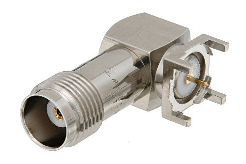 TNC メス 直角コネクタ、はんだ接続、スルーホールPCB、.380インチx.083インチ穴間隔