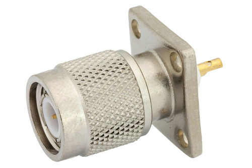 TNC オス コネクタ、はんだ接続、4ホールパネルマウント、ソルダーカップターミナル、.531インチ穴間隔