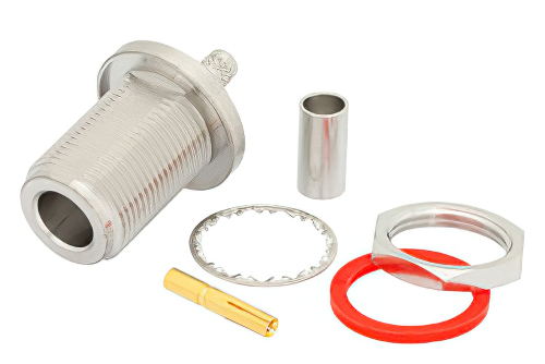 N メス バルクヘッドマウントコネクタ、圧着/はんだ接続、LMR-200、PE-C200、.640インチDD穴