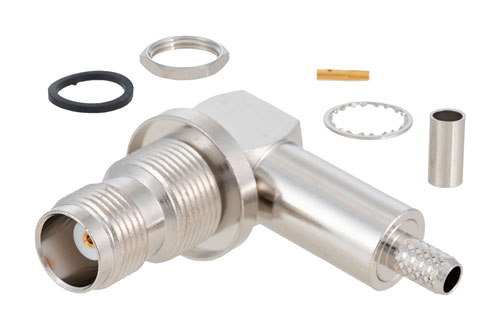 TNC メス 直角バルクヘッドマウントコネクタ、圧着/はんだ接続、PE-C200、LMR-200、.480インチD穴