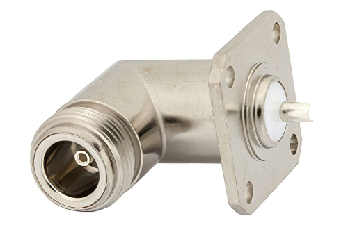 N メス 直角コネクタ、はんだ接続、4ホールパネルマウント、ソルダーカップターミナル、.718インチ穴間隔