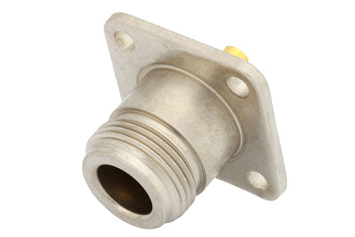 N メス 気密シールコネクタ、はんだ接続、4ホールパネルマウント、ソルダーカップターミナル、.718インチ穴間隔