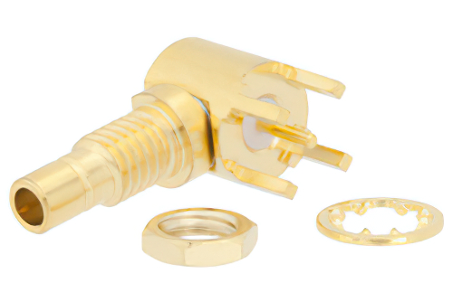 SMB ジャック 直角バルクヘッドマウントコネクタ、はんだ接続、スルーホールPCB、.177インチD穴