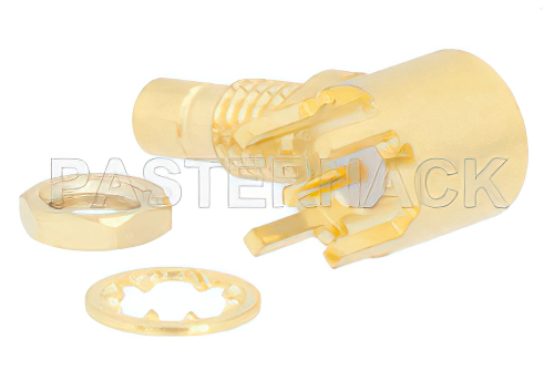 SMB ジャック 直角バルクヘッドマウントコネクタ、はんだ接続、スルーホールPCB、.177インチD穴