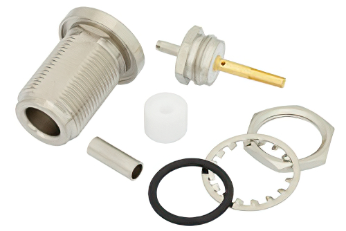 N メス バルクヘッドマウントコネクタ、圧着/はんだ接続、RG188-DS、RG316-DS