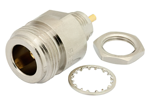 N メス バルクヘッドマウントコネクタ、はんだ接続、ソルダーカップターミナル、.380インチ直径