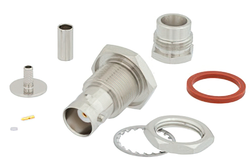 BNC メス バルクヘッドマウントコネクタ、クランプ/はんだ接続、RG316-DS、RG188-DS、IP67準拠