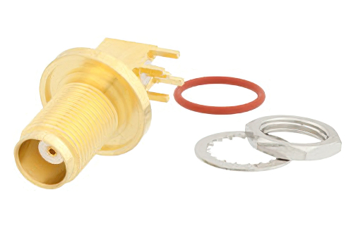 TNC メス 直角バルクヘッドマウントコネクタ、はんだ接続、表面実装PCB、IP67準拠