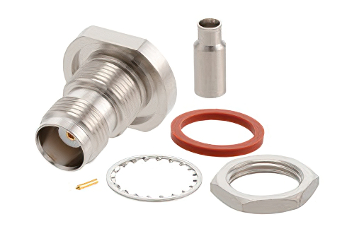 TNC メス バルクヘッドマウントコネクタ、圧着/はんだ接続、RG174、RG316、RG188、.100インチ、PE-B100、PE-C100、LMR-100、IP67準拠