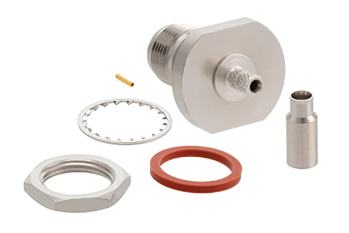 TNC メス バルクヘッドマウントコネクタ、圧着/はんだ接続、RG174、RG316、RG188、.100インチ、PE-B100、PE-C100、LMR-100、IP67準拠