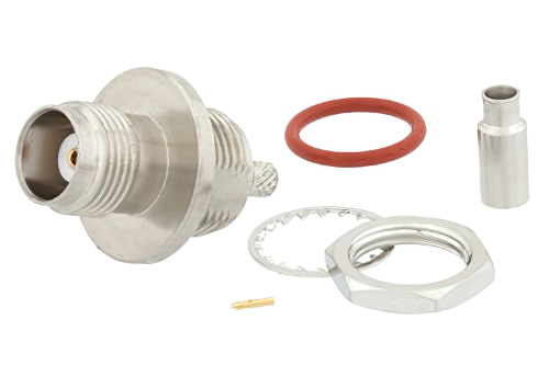 TNC メス バルクヘッドマウントコネクタ、圧着/はんだ接続、RG174、RG316、RG188、.100インチ、PE-B100、PE-C100、LMR-100、IP67準拠