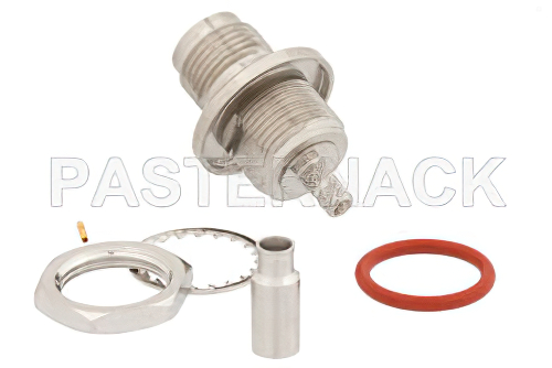 TNC メス バルクヘッドマウントコネクタ、圧着/はんだ接続、RG174、RG316、RG188、.100インチ、PE-B100、PE-C100、LMR-100、IP67準拠