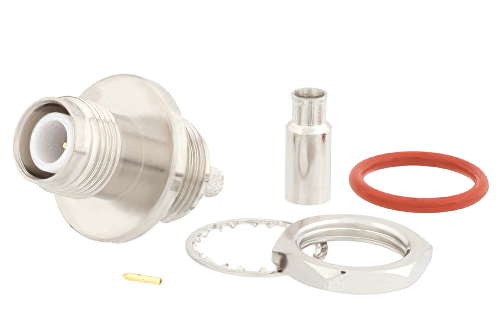 逆極性 TNC メス バルクヘッドマウントコネクタ、圧着/はんだ接続、RG174、RG316、RG188、.100インチ、PE-B100、PE-C100、LMR-100、IP67準拠