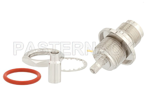 逆極性 TNC メス バルクヘッドマウントコネクタ、圧着/はんだ接続、RG174、RG316、RG188、.100インチ、PE-B100、PE-C100、LMR-100、IP67準拠