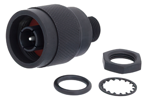 N オス バルクヘッドマウントコネクタ、はんだ接続、ソルダーカップターミナル、.350インチD穴、黒色仕上