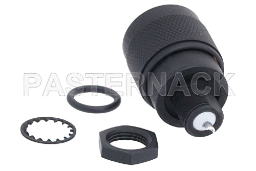 N オス バルクヘッドマウントコネクタ、はんだ接続、ソルダーカップターミナル、.350インチD穴、黒色仕上