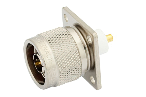 N オス コネクタ、はんだ接続、4ホールパネルマウント、ピンターミナル、.718インチ穴間隔、.120インチ直径