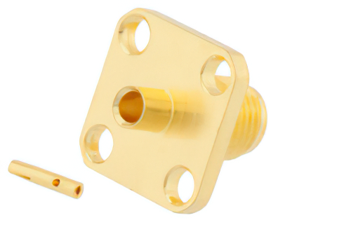 SMA メス コネクタ、はんだ接続、4ホールパネルマウント、RG405、RG405錫メッキ、PE-SR405FL、PE-SR405AL、PE-SR405FLJ、PE-SR405TN、.340インチ穴間隔