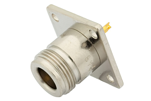 75 Ω N メス コネクタ、はんだ接続、4ホールパネルマウント、ソルダーカップターミナル、.718インチ穴間隔