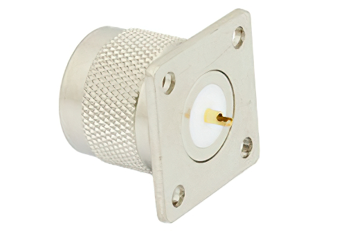 75 Ω N オス コネクタ、はんだ接続、4ホールパネルマウント、ソルダーカップターミナル、.718インチ穴間隔