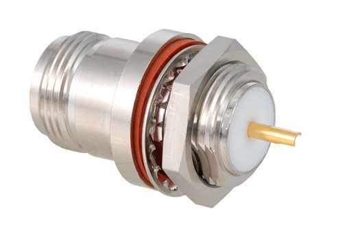 75 Ω N メス バルクヘッドマウントコネクタ、はんだ接続、ソルダーカップターミナル、.640インチDD穴