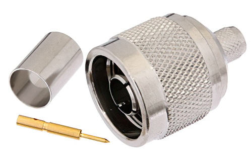 75 Ω N オス コネクタ、圧着/はんだ接続、RG6、中心導体直径 0.030 インチ未満に適合