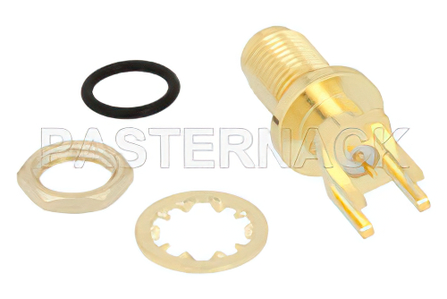 SMA メス バルクヘッドマウントコネクタ、圧着/はんだ接続、スルーホールPCB、IP67準拠