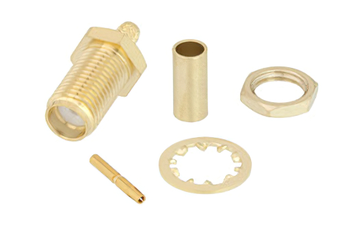 SMA メス バルクヘッドマウントコネクタ、圧着/はんだ接続、RG316、RG174、LMR-100