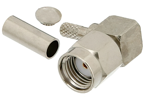逆極性 SMA オス 直角コネクタ、圧着/はんだ接続、RG188-DS、RG316-DS