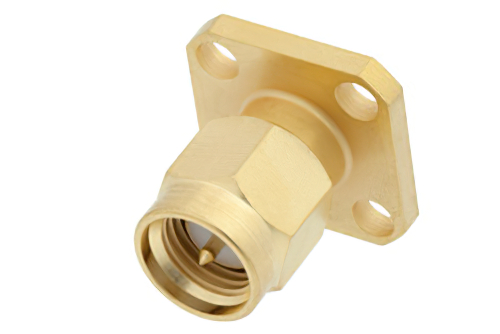 SMA オス コネクタ、はんだ接続、4ホールパネルマウント、ソルダーカップターミナル、.340インチ穴間隔