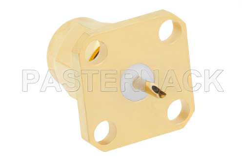 SMA オス コネクタ、はんだ接続、4ホールパネルマウント、ソルダーカップターミナル、.340インチ穴間隔