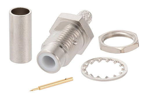 75 Ω SMC ジャック バルクヘッド マウント コネクタ、圧着/はんだ接続、RG180、RG195、.177インチ D Hole