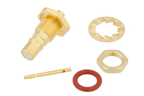 QMA メス バルクヘッドマウントコネクタ、はんだ接続、PE-SR405AL、PE-SR405FL、RG405、.268インチD穴