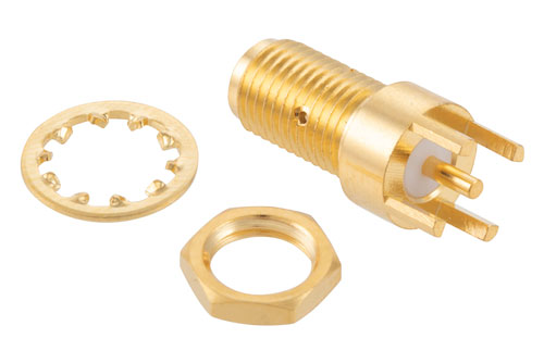 SMA メス バルクヘッドマウントコネクタ、はんだ接続、スルーホールPCB、.235インチD穴