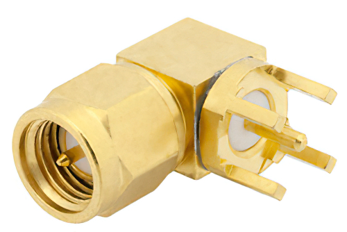 SMA オス 直角コネクタ、はんだ接続、スルーホールPCB、.200インチx.067インチ穴間隔