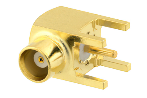 MCX ジャック 直角コネクタ、はんだ接続、スルーホールPCB、.200インチx.052インチ穴間隔