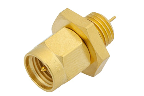 SMA オス バルクヘッドマウント気密シールコネクタ、はんだ接続、スタブターミナル、.250インチ直径