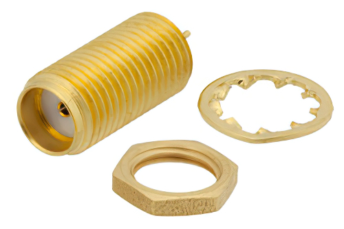 SMA メス バルクヘッドマウント気密シールコネクタ、はんだ接続、スタブターミナル、.250インチ直径