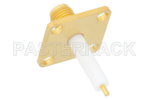 SMA メス コネクタ、はんだ接続、4ホールパネルマウント、スタブターミナル、.500インチ穴間隔