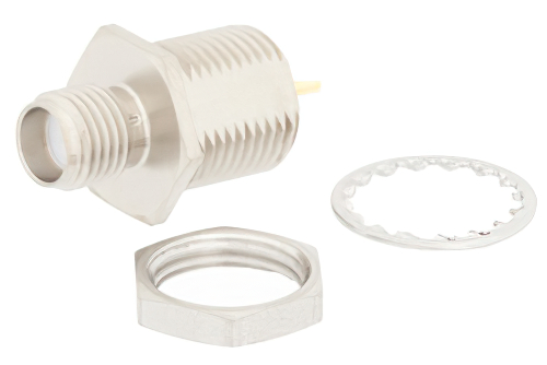 SMA メス バルクヘッドマウントコネクタ、はんだ接続、ソルダーカップターミナル、.350インチD穴