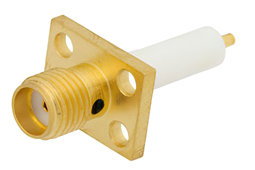 SMA メス コネクタ、はんだ接続、4ホールパネルマウント、ピンターミナル、.375インチx.500インチ穴間隔