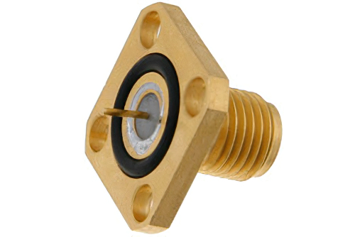 SMA メス 気密シールコネクタ、はんだ接続、4ホールパネルマウント、ピンターミナル、.340インチ穴間隔